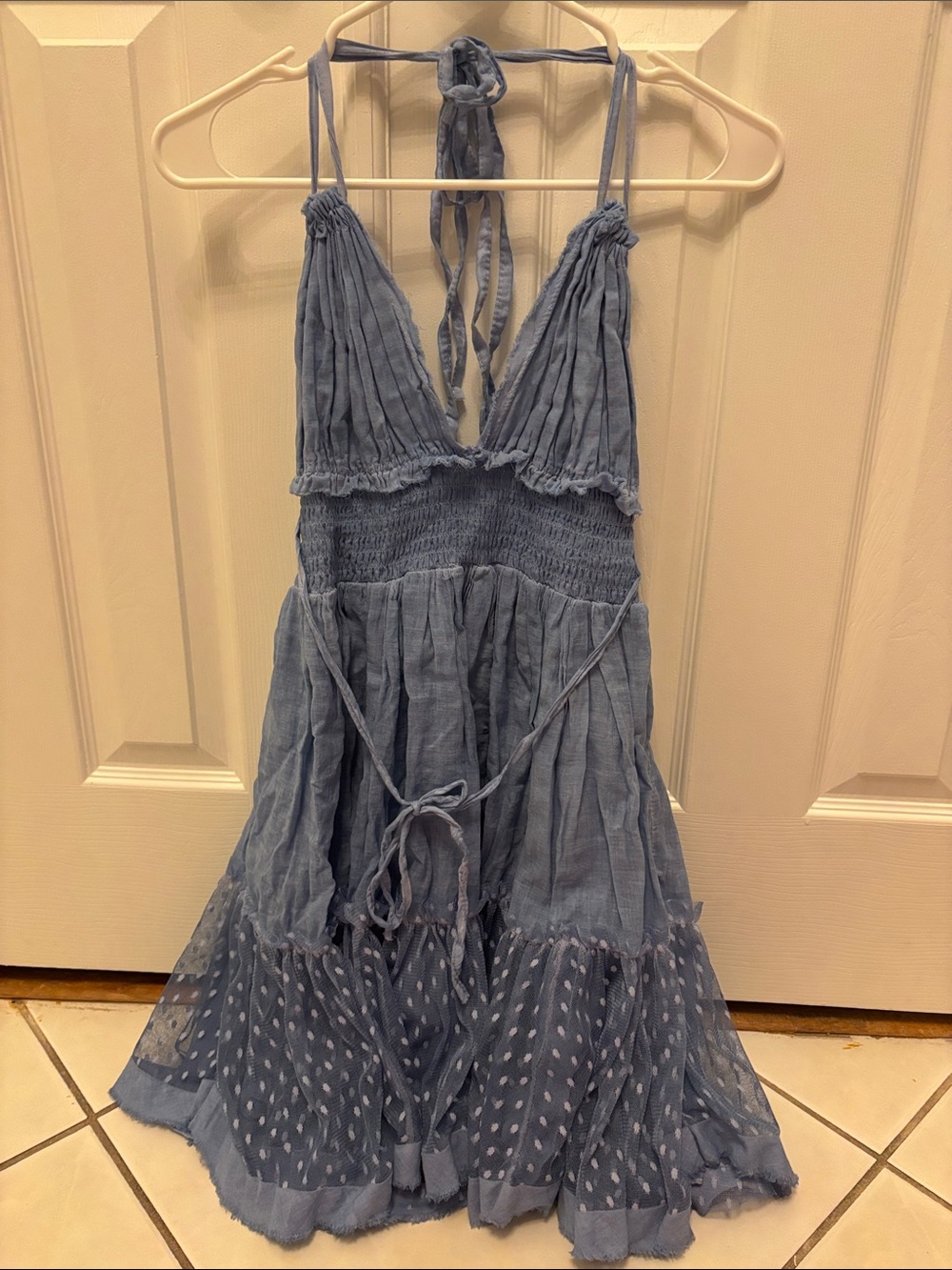 Light Blue Halter Smocked Midi Dress